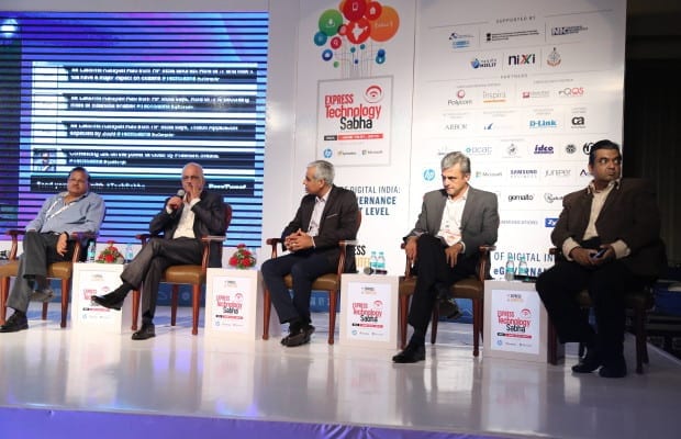 (L-R) Shankar Aggarwal, Secretary, Ministry of Labour & Employment, Govt of India, R Chandrashekhar, President, NASSCOM, Akhilesh Tuteja, Partner and Head of Technology, KPMG India, Amer Warsi, Director - Commercial & Public Sector, Enterprise Group, Hewlett-Packard India, Srivatsa Krishna, Secretary, Biotechnology, Science & Technology, Government of Karnataka during a panel discussion on “9 Pillars of Digital India - Ideas for Developing eGovernance” at Technology Sabha in Goa