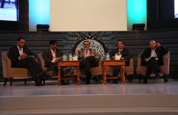 L to R: Harnath Babu, CIO, Aviva Life Insurance Company India Ltd; Suneel Aradhye, Group CIO, RPG Enterprises; Sunil Chandiramani, CEO, Nyka Advisory Services; Vinay Nigudkar, Head - Technology Projects, Reliance Capital Ltd, and Satish Mittal, Sr. Vice President and CTO, Vodafone Business Services, at a panel discussion on Day 1 of the 13th Express Technology Senate held in Jaipur