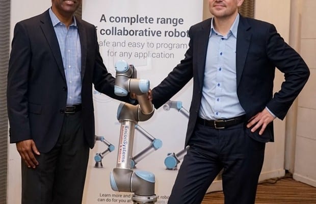 Pradeep David, General Manager, India and Esben Østergaard, Founder & Chief Technical Officer, Universal Robots, at the launch of their collaborative robots (co-bots)