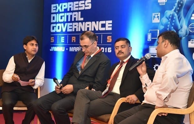 (L-R) Mohd Ujaley, Principal Correspondent, Express Computer; Saadut Hussain, CEO, JaKeGA; Amit Sharma, Managing Director, SIDCO; Vikram Malhotra, Technology Specialist, Microsoft during the power panel discussion on the topic of “Emerging Technology for Effective e-Governance” in Jammu.
