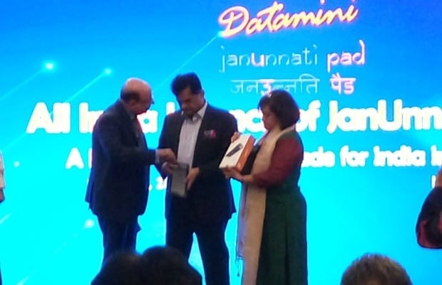 Amitabh Kant, CEO, Niti Aayog (centre) along with Pitamber Ahuja, managing director, Datamini Technologies (left) and Debjani Ghosh, vice president, sales and marketing group & managing director, South Asia – Intel, and president, MAIT during the launch of Janunnati Pad in Delhi on Thursday.